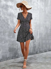 Summer Short Boho V Neck Floral Party Bohemian Flower Mini A Line Dress Black floral / S