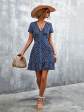 Summer Short Boho V Neck Floral Party Bohemian Flower Mini A-Line Dress