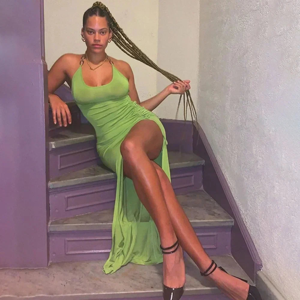 Halter Neck Drawstring Ruched Side Slit Bodycon Midi Dress 6