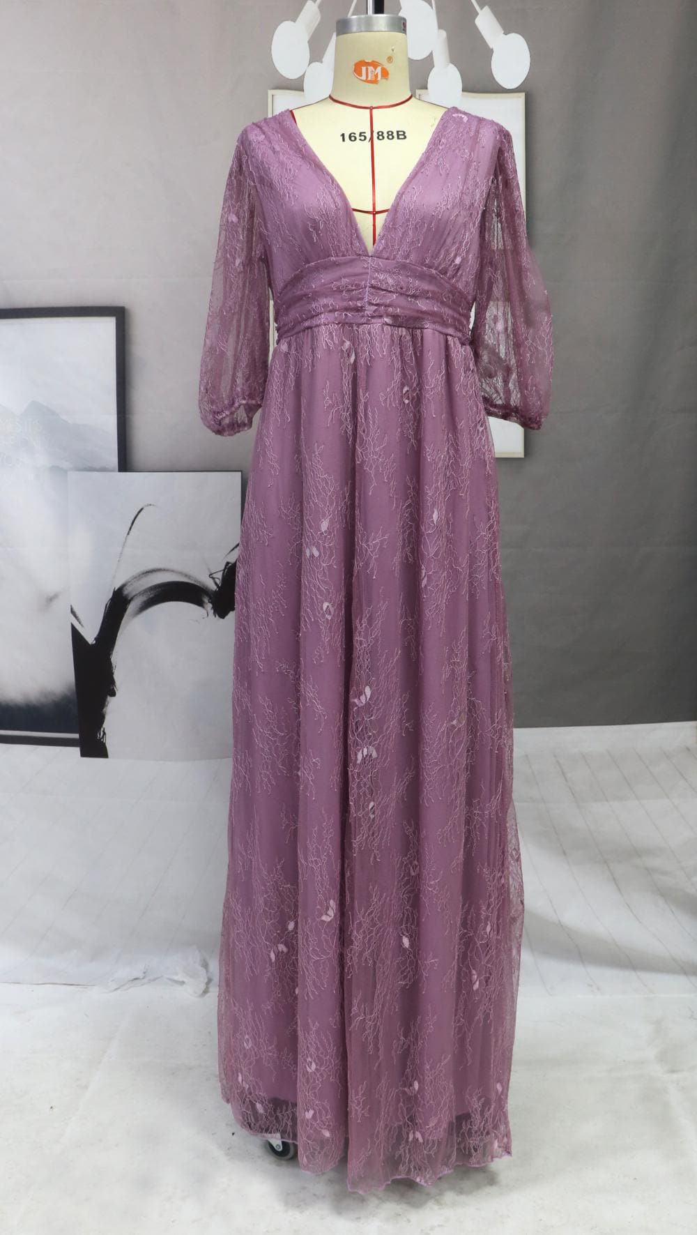 Embossed Floral Puff Sleeve V-Neck Ruched High Split Maxi Gown