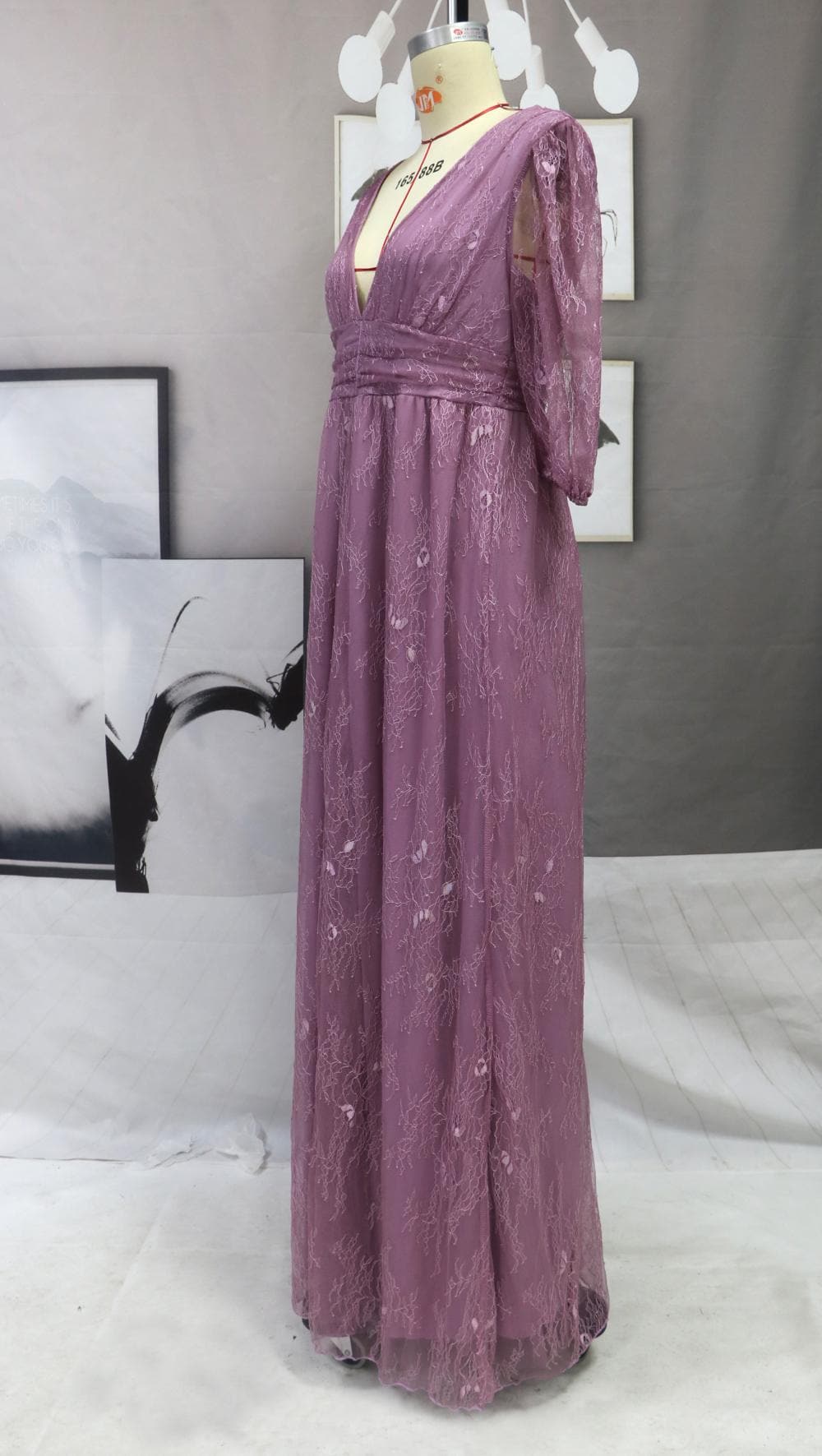 Embossed Floral Puff Sleeve V-Neck Ruched High Split Maxi Gown