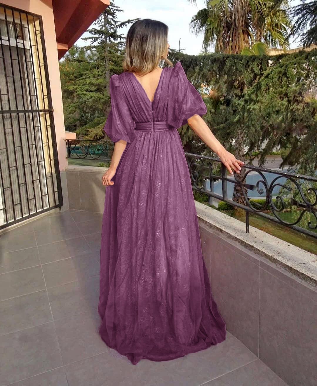 Embossed Floral Puff Sleeve V-Neck Ruched High Split Maxi Gown