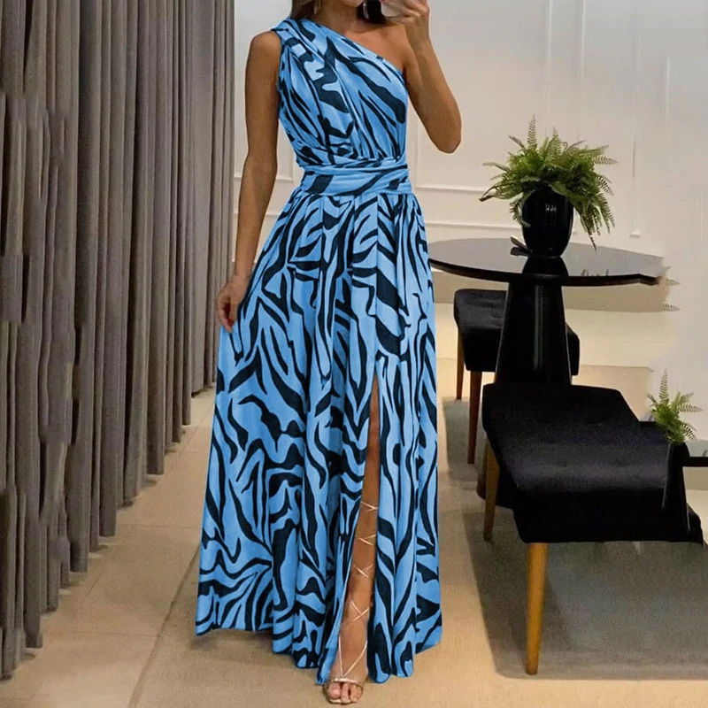 Naomi Zebra Print One-shoulder Maxi Dress for Women Brunch Outfit Idea