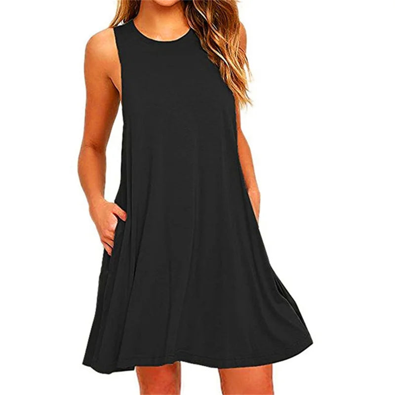 Women Sleeveless Ladies ONeck Club Beach ALine Mini Vestidos Midi Dresses
