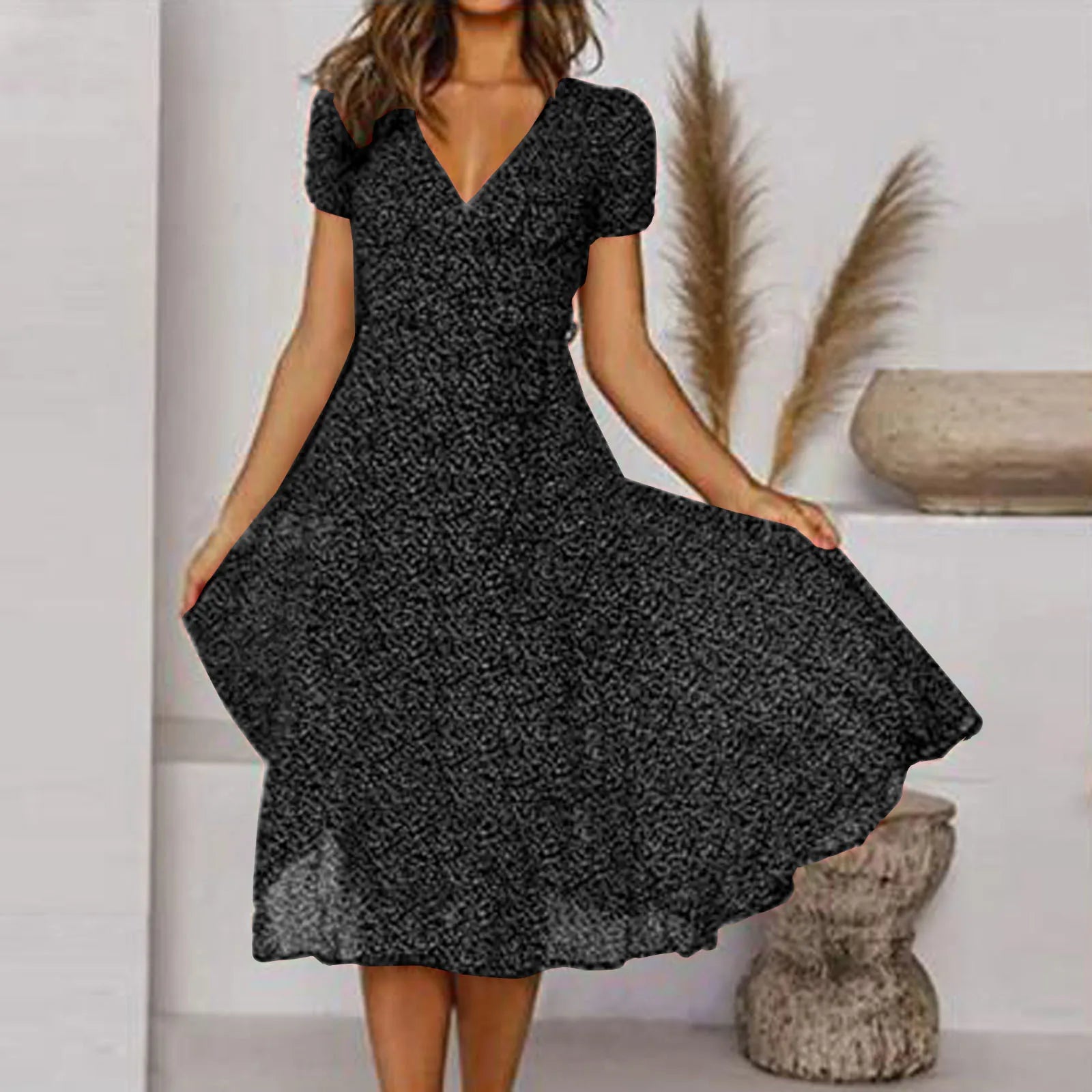 Summer Women's Sexy Short V Neck Floral Polka Dot Casual Boho Sun Midi Dresses