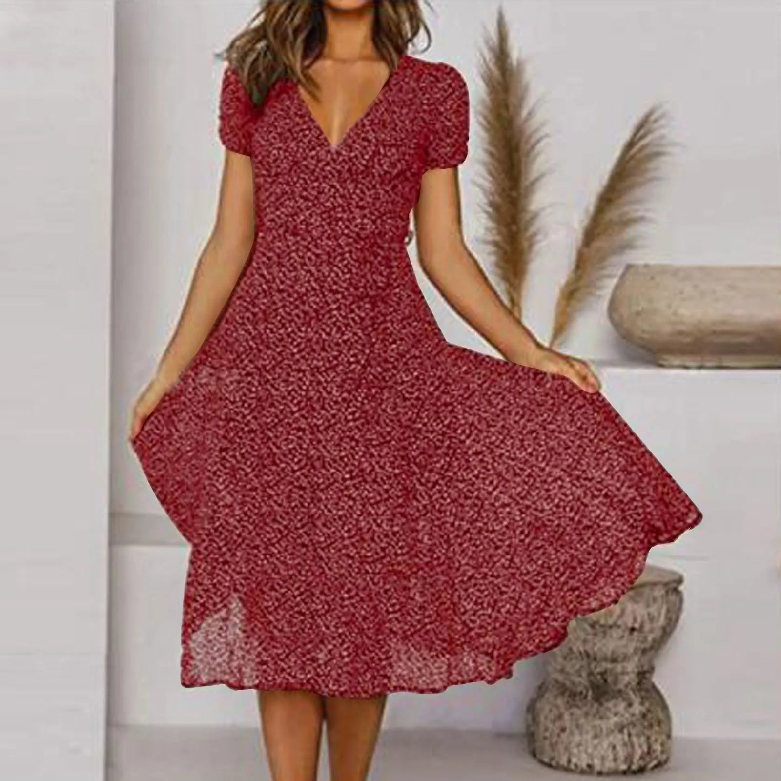 Summer Women's Sexy Short V Neck Floral Polka Dot Casual Boho Sun Midi Dresses