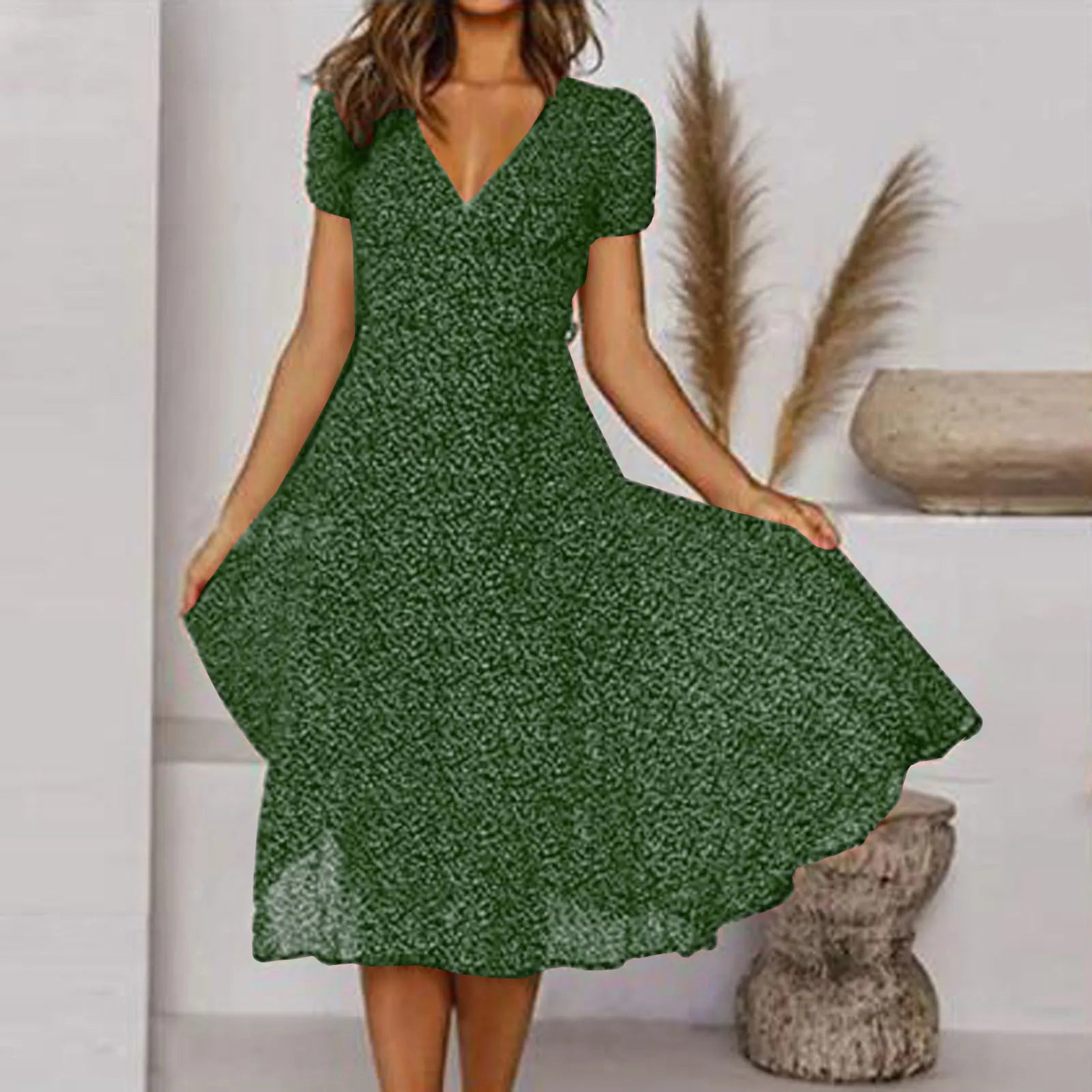 Summer Women's Sexy Short V Neck Floral Polka Dot Casual Boho Sun Midi Dresses
