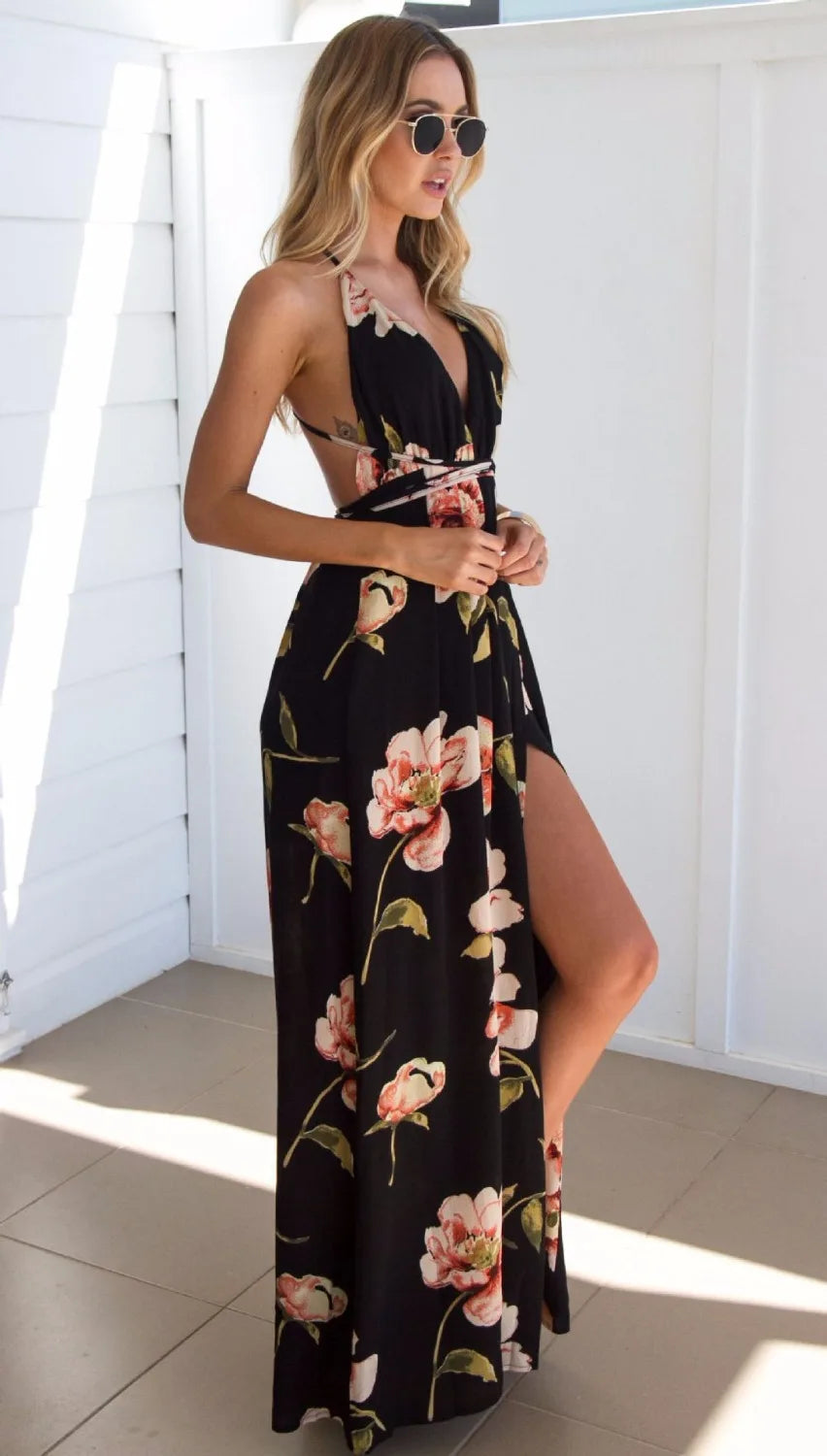 Summer Floral Pleated Backless Robe Evenning Midi Dresses