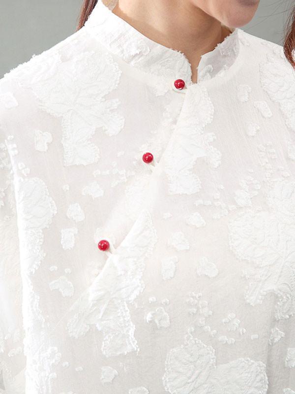 Floral Embroidered Mandarin Collar Button Front Half Sleeve Oversized Maxi Dress