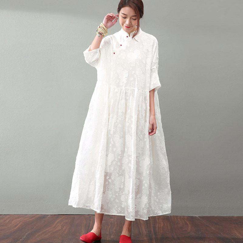 Floral Embroidered Mandarin Collar Button Front Half Sleeve Oversized Maxi Dress