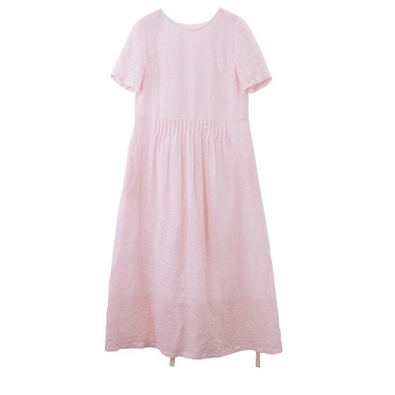 Short Sleeve Round Neck Gathered Waist Floral Embroidery Maxi Dress