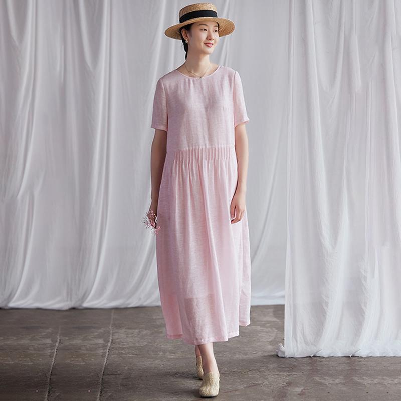 Summer Round Neck Back Lacing Pink Dress