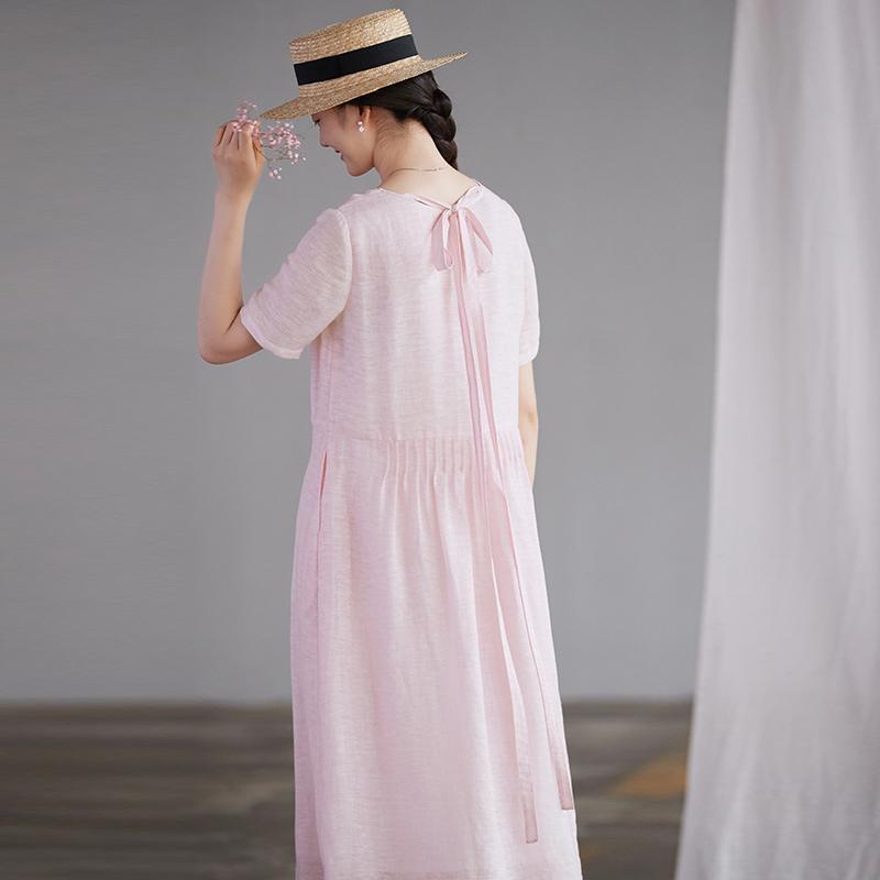 Short Sleeve Round Neck Gathered Waist Floral Embroidery Maxi Dress