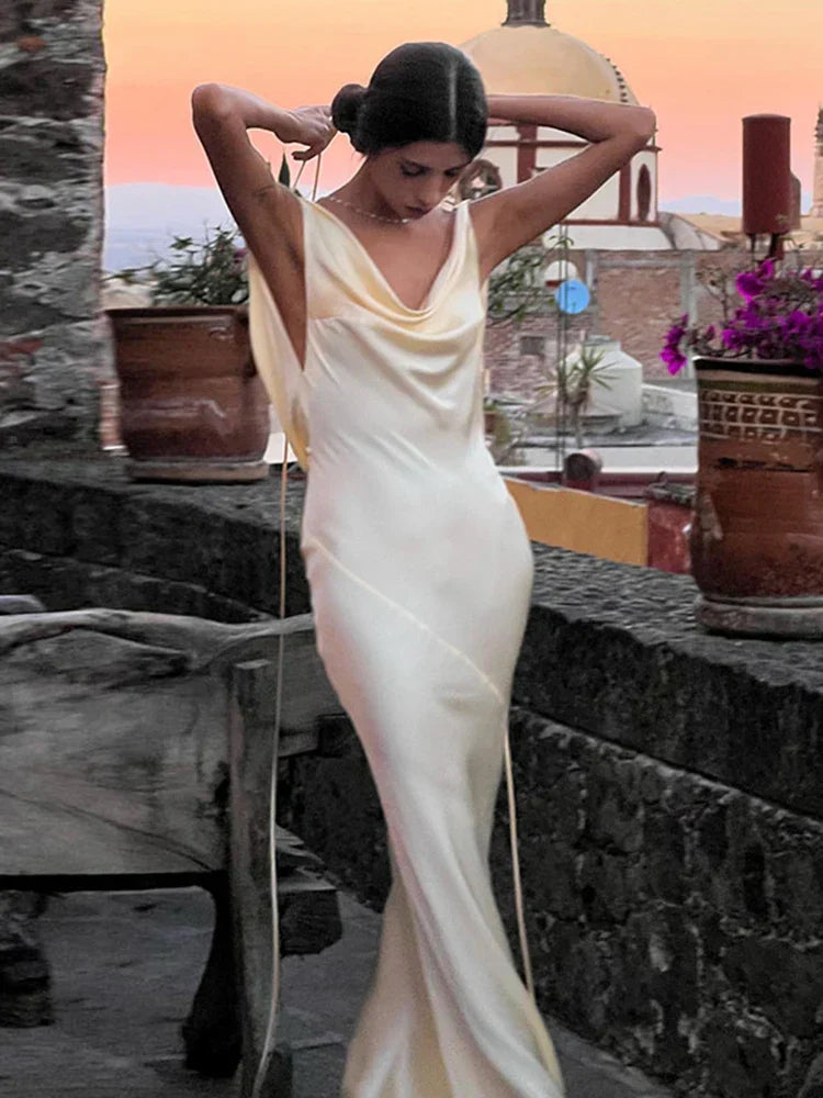 Sunny Evening Spaghetti Strap Backless Satin Maxi Dress 5