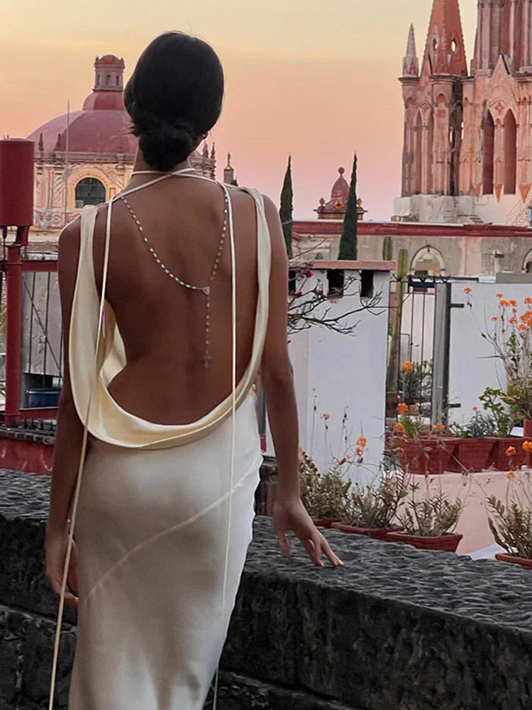 Sunny Evening Spaghetti Strap Backless Satin Maxi Dress 4