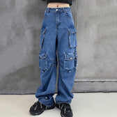 Dark Blue Pockets Wide Leg Jeans