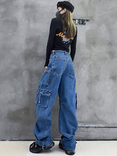 Dark Blue Pockets Wide Leg Jeans