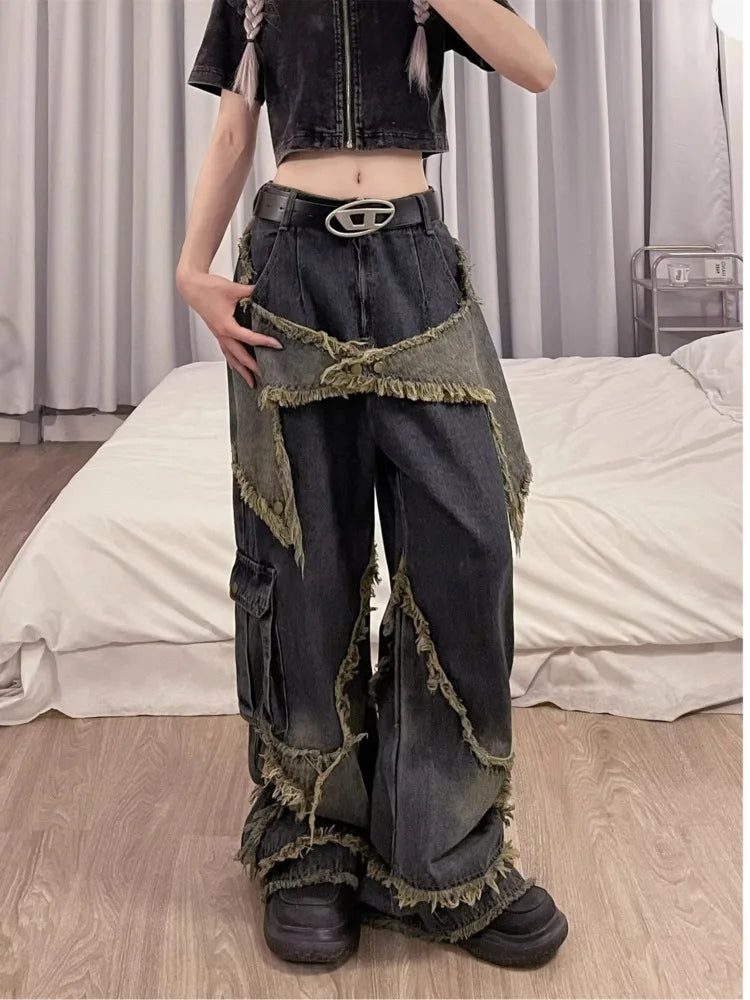 Frayed Star Patchwork Washed Baggy Wide Leg Cargo Jeans