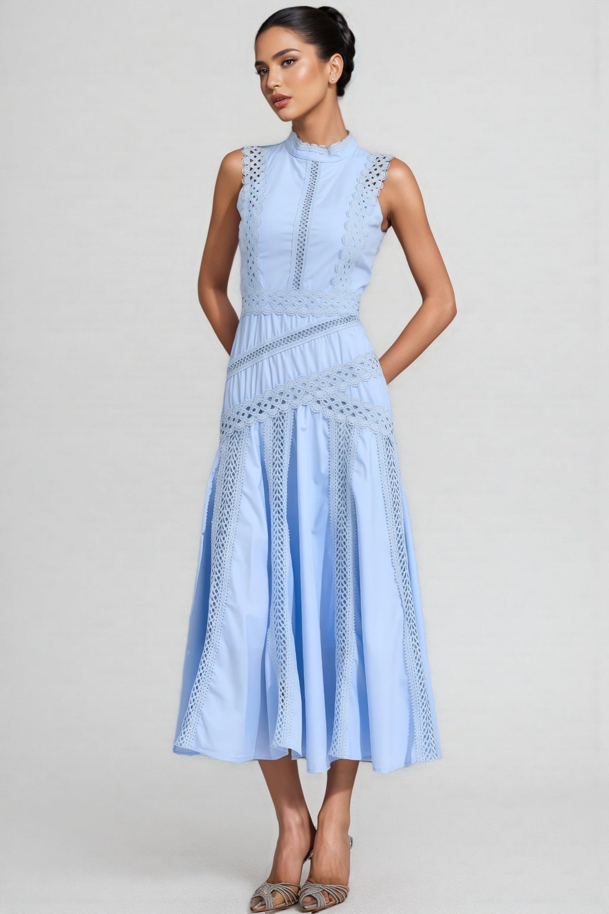 Mock Neck Sleeveless Lace Trim Panel A-Line Midi Dress