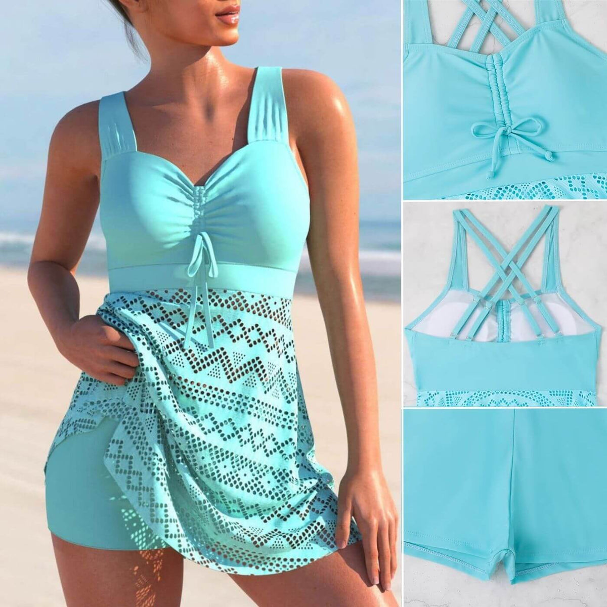 Ruched Printed Skirted Tankini Swim Dress