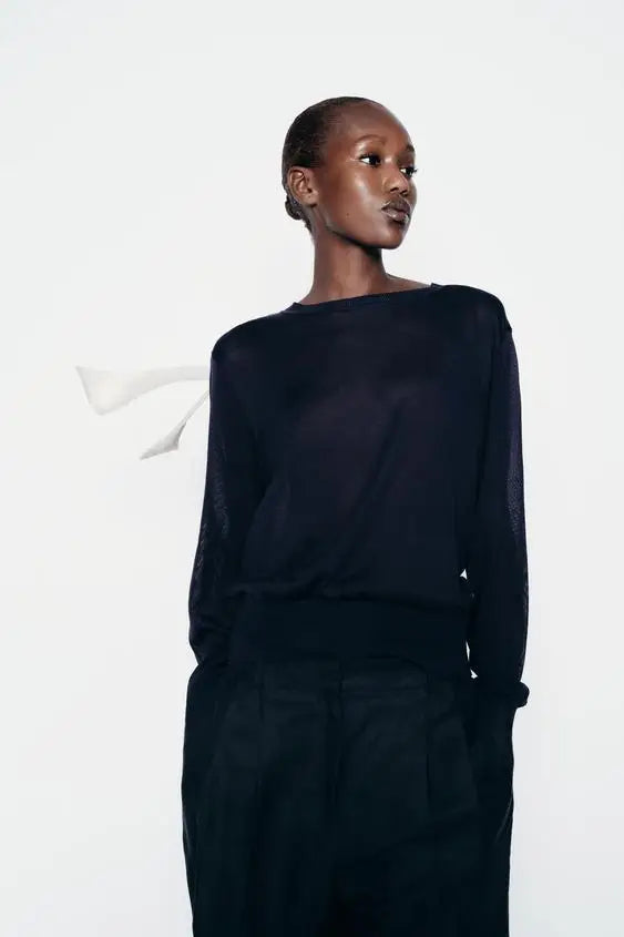 Crew Neck Contrast Bow Tie Open Back Long Sleeve Knit Sweater 3