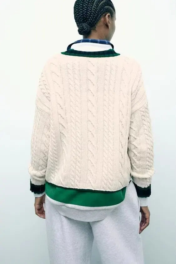 V-Neck Cable Knit Contrast Striped Trim Button Front Pocket Cardigan 5