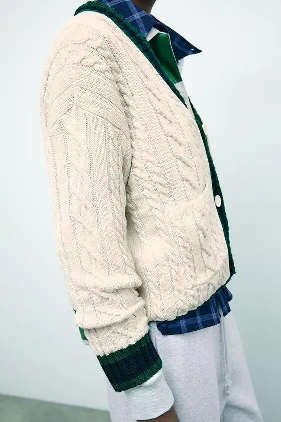 V-Neck Cable Knit Contrast Striped Trim Button Front Pocket Cardigan 4