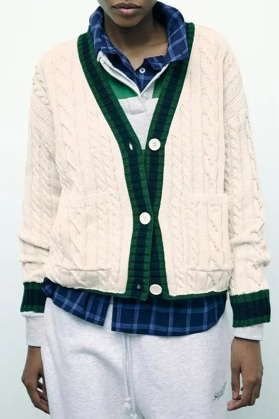 V-Neck Cable Knit Contrast Striped Trim Button Front Pocket Cardigan