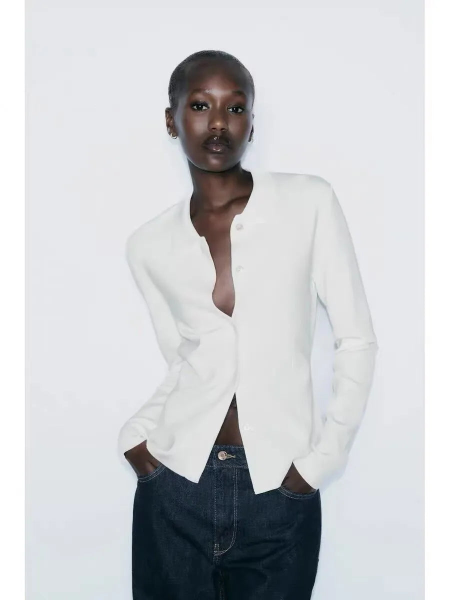 Band Collar Long Sleeve Button Front Fitted Knit Cardigan