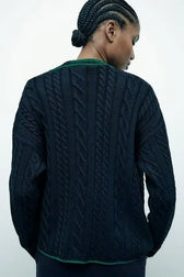 Lazy Style Contrasting V-neck Cardigan