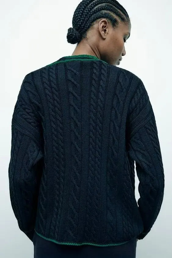 V-Neck Cable Knit Contrast Stripe Trim Button Front Pocket Cardigan 4