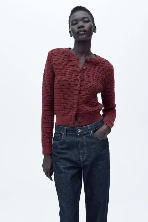 Crew Neck Textured Knit Button Front Long Sleeve Cropped Cardigan