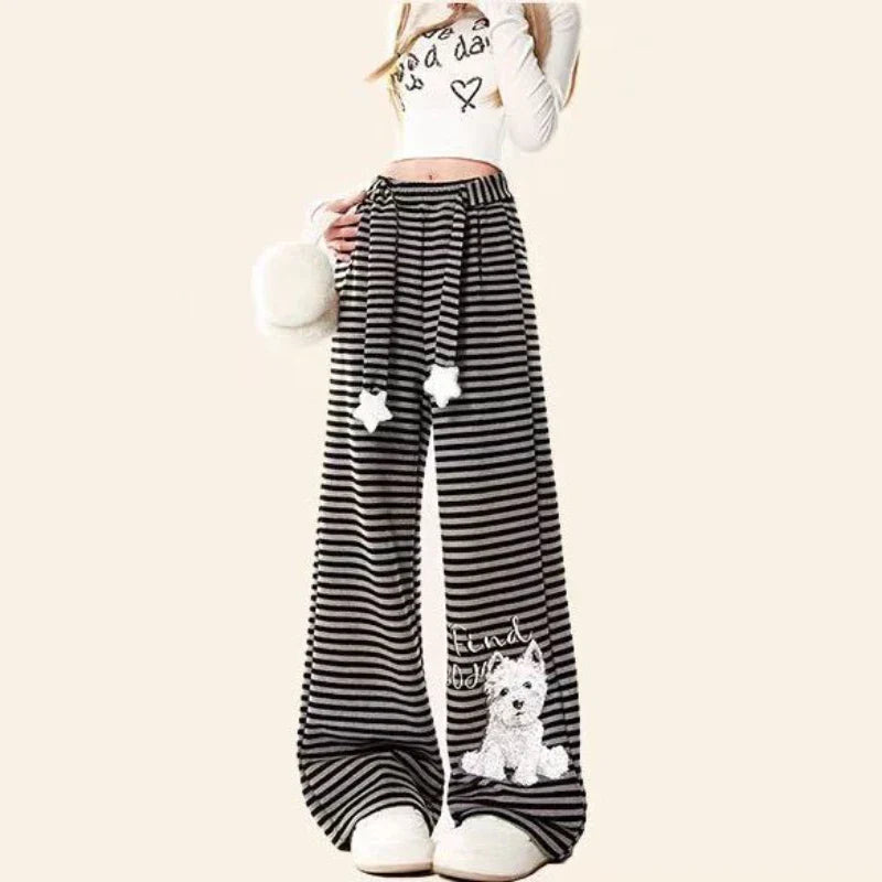 Striped Dog Print Star Drawstring Wide Leg Lounge Pants