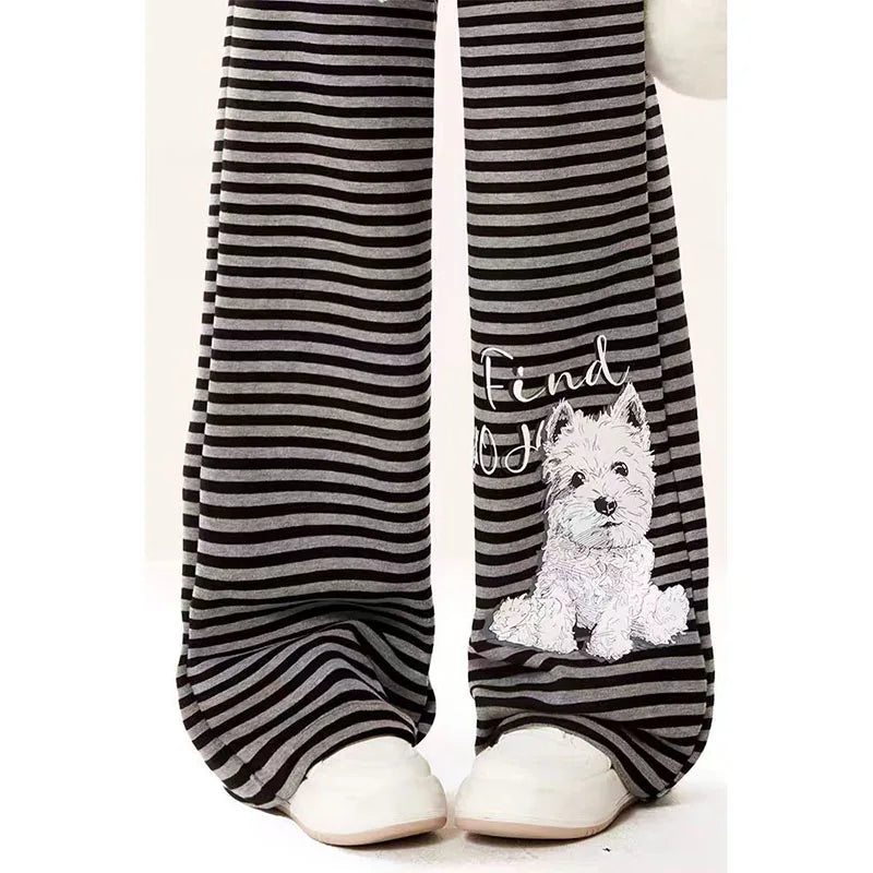 Dog Print Striped Fleece Pants