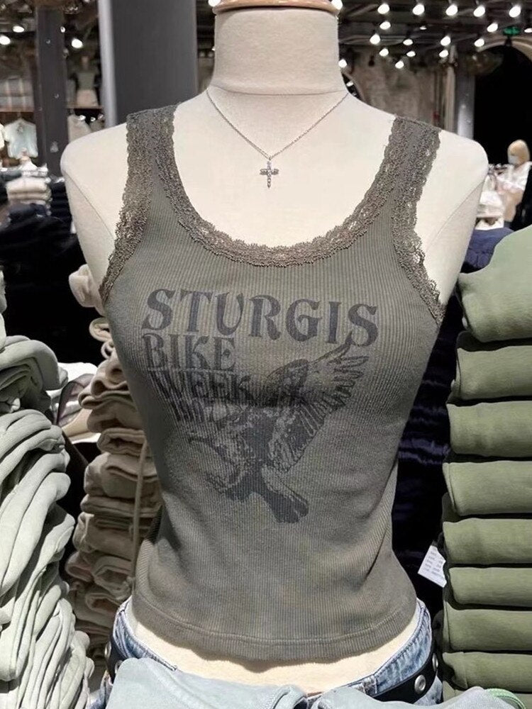 O Neck Sleeveless Tops Vintage Women Dark Green Lace Print Vest