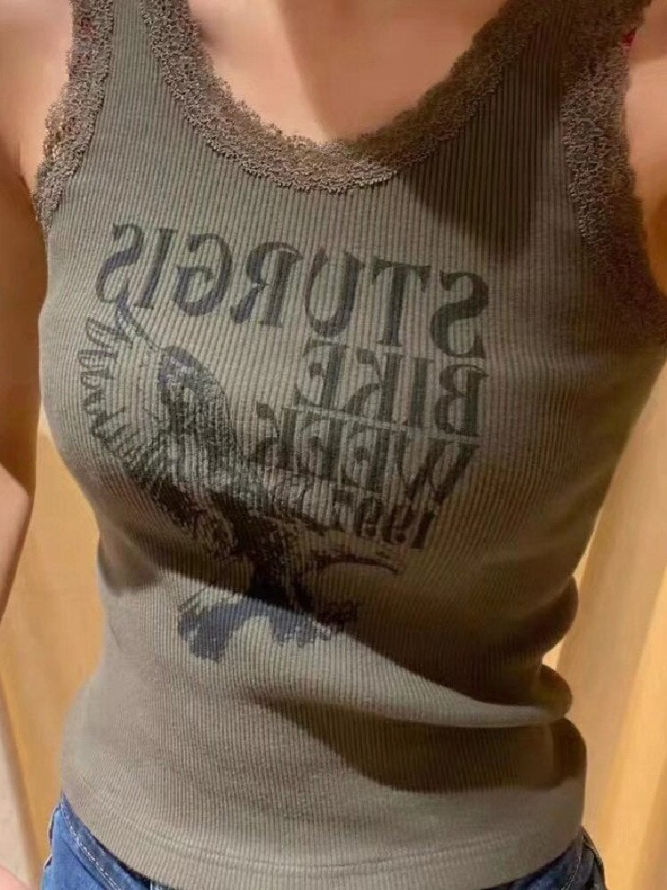 O Neck Sleeveless Tops Vintage Women Dark Green Lace Print Vest