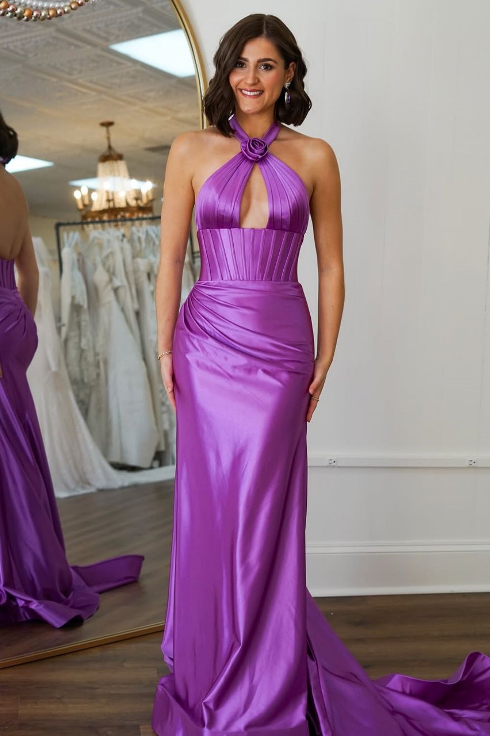Sweet Mermaid Halter Neck Backless Long Satin Prom Dress