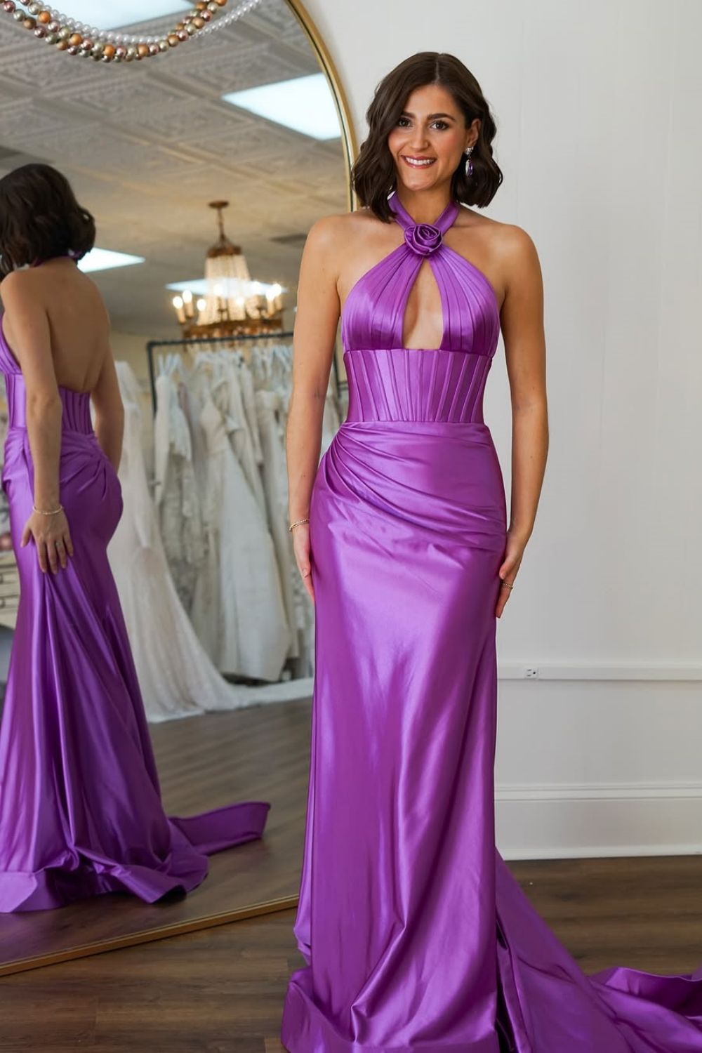 Sweet Mermaid Halter Neck Backless Long Satin Prom Dress