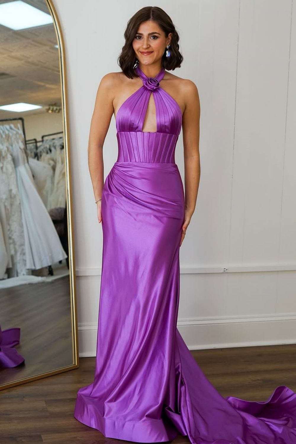 Sweet Mermaid Halter Neck Backless Long Satin Prom Dress