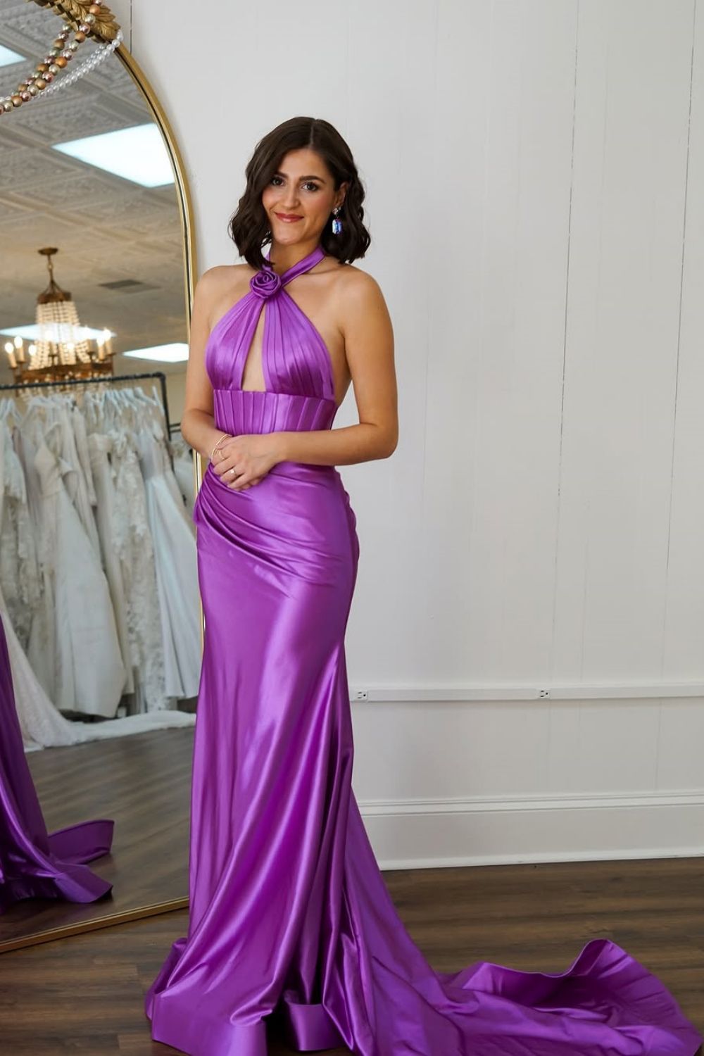 Sweet Mermaid Halter Neck Backless Long Satin Prom Dress