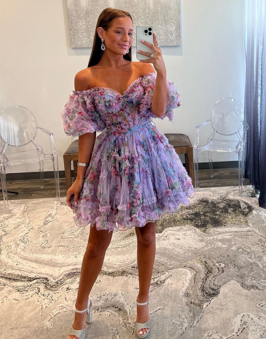 Cute A-Line Off The Shoulder Short Tulle Print Homecoming Dress