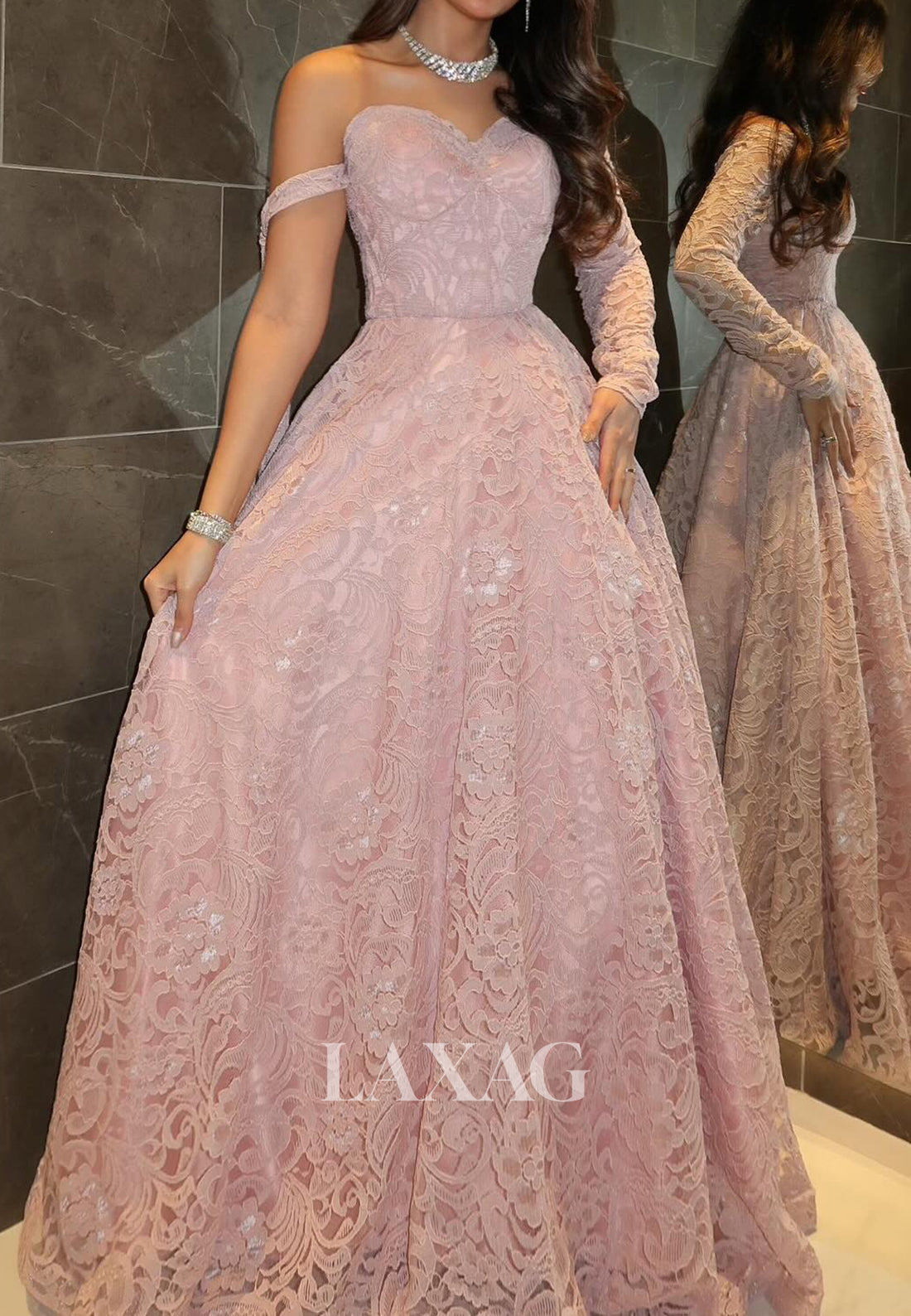 Off-Shoulder Sleeveless Formal Gowns A-Line Sweetheart Allover Lace Pleated Evening Dress