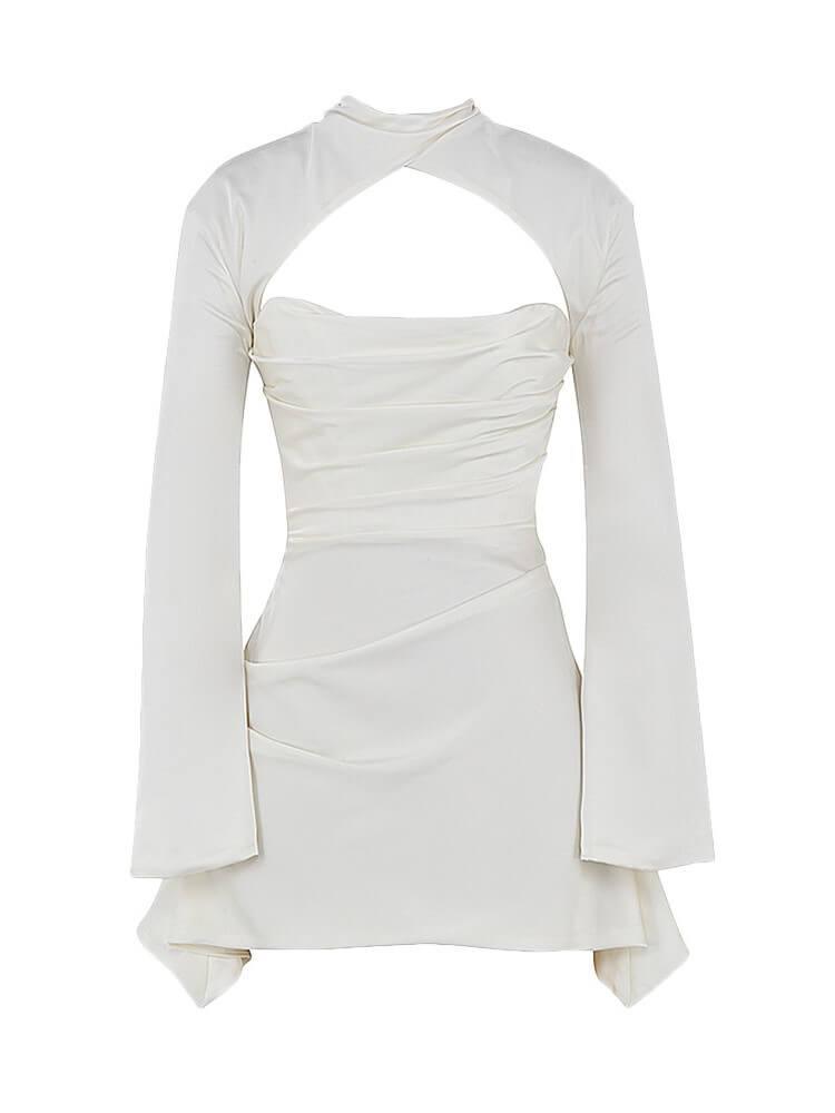 Satin Mock Neck Cut Out Bell Sleeve Draped Wrap Mini Dress 6