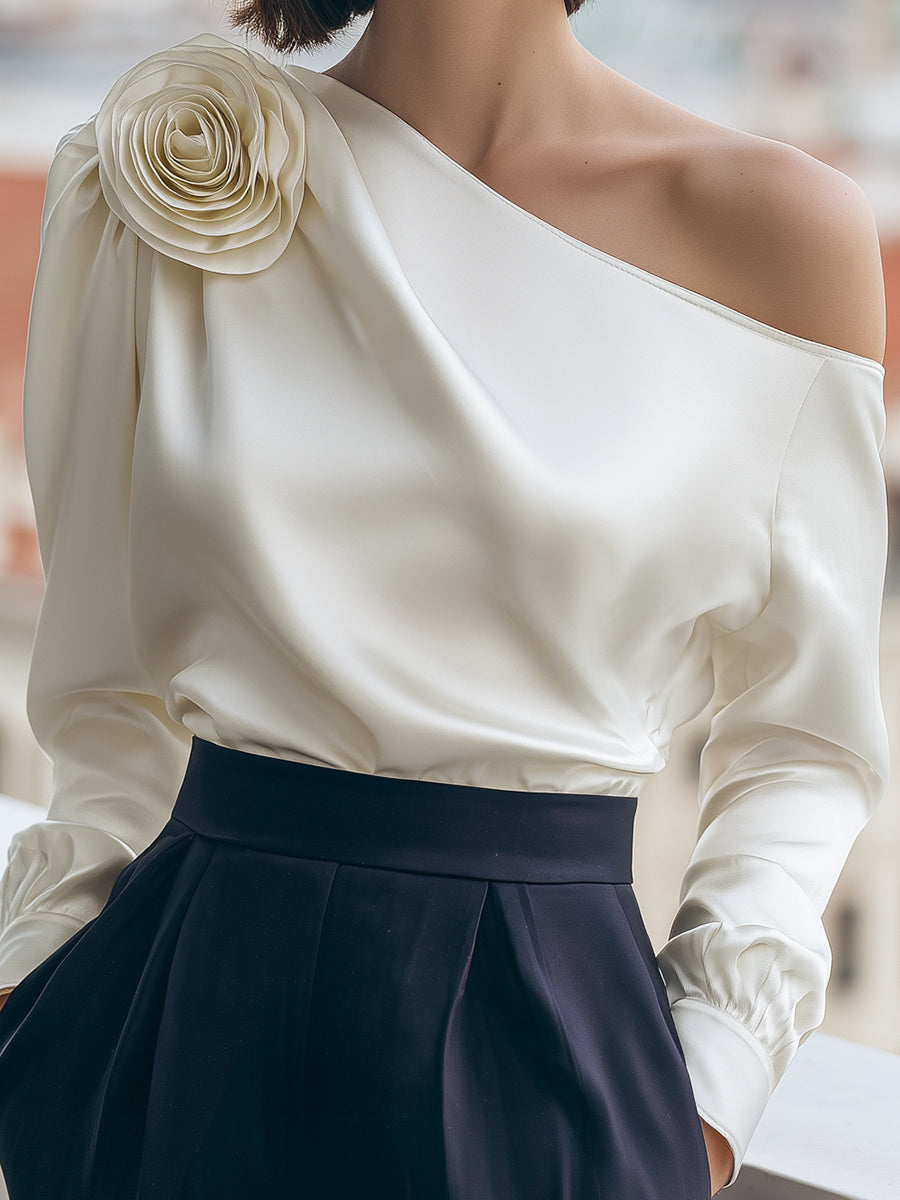 One Shoulder Long Sleeve 3D Flower Satin Top