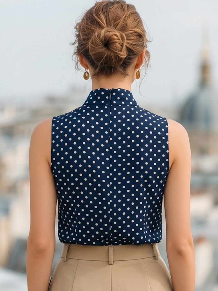 Polka Dot Bow Tie Neck Sleeveless Blouse