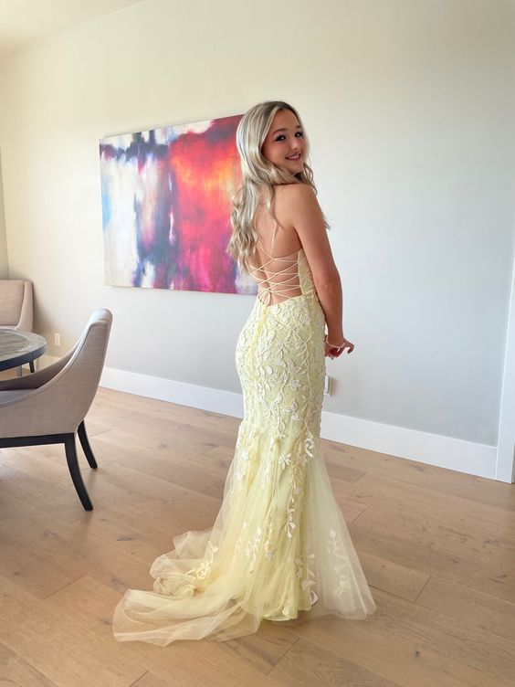 Sexy Yellow Lace/Tulle Long Prom Dresses,Evening Dresses,Winter Formal Dresses cc1372