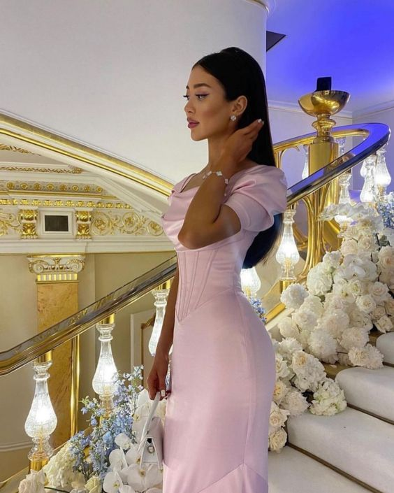 Pink Prom Dresses Women Short Sleeve Formal Party Evening Gown cc930