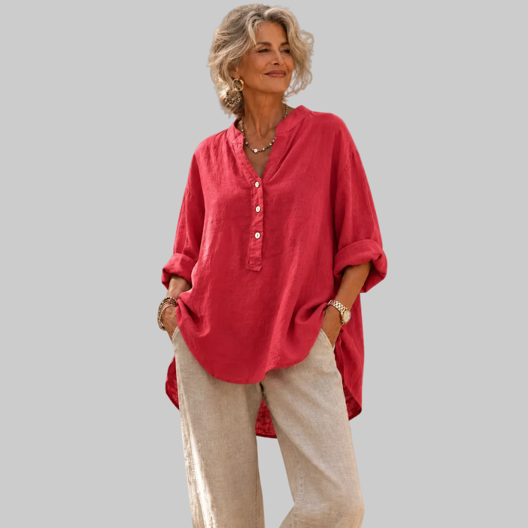 Veronique™ Elegant Cotton-Linen V-Neck Blouse