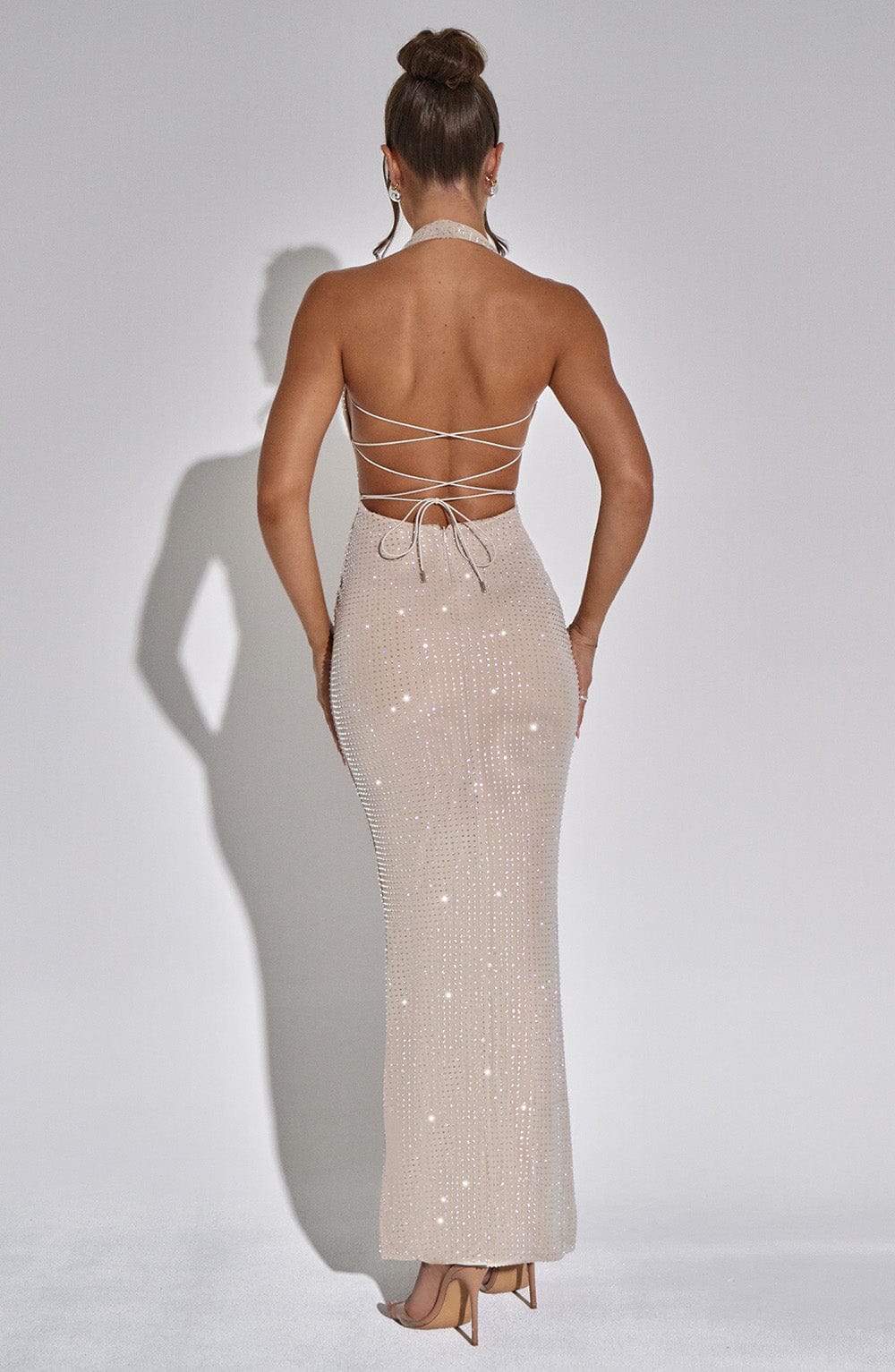 Sparkle Knit Halter Deep V-Neck Fitted Column Maxi Dress 3