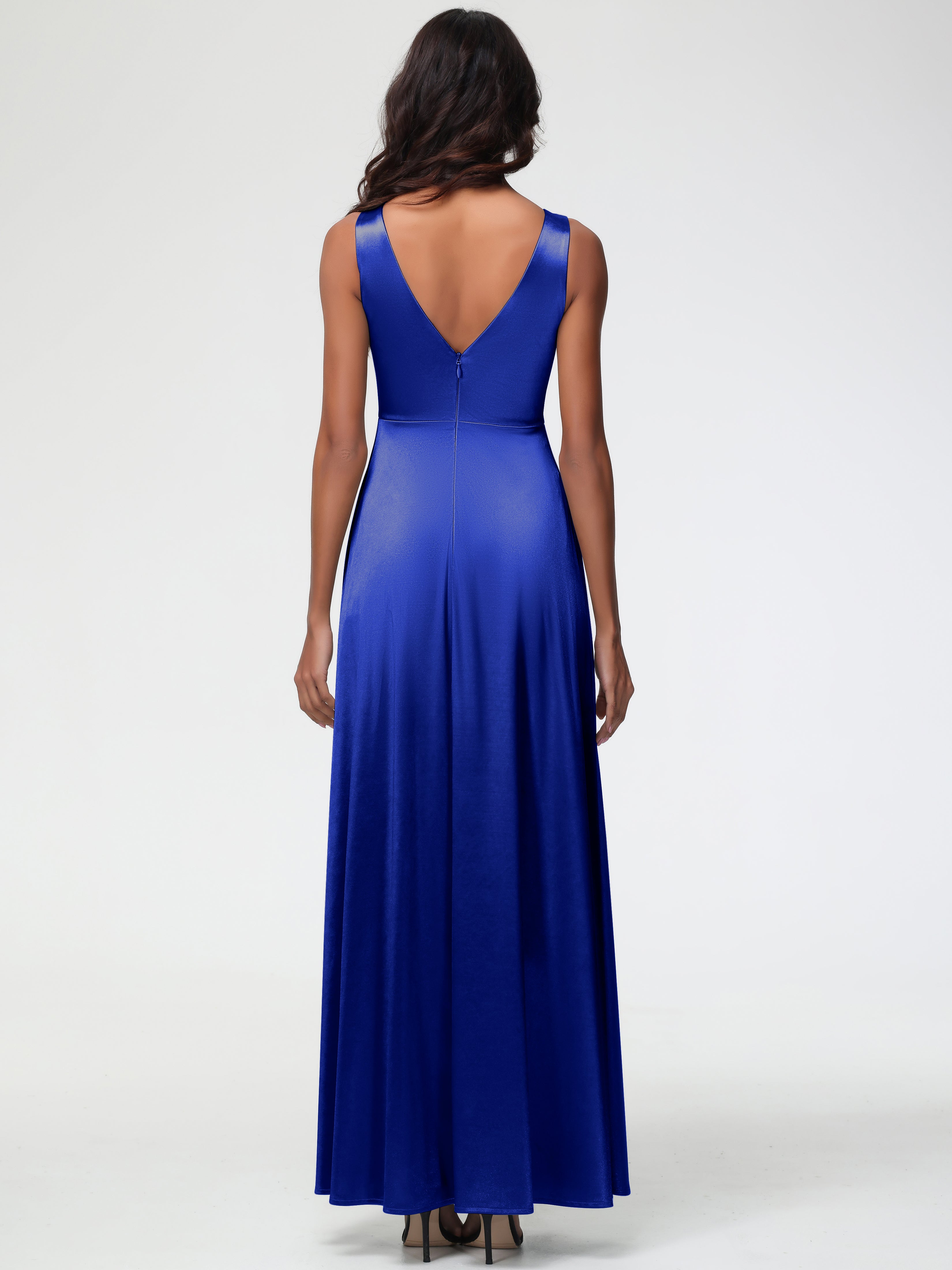 Royal Blue Formal Dresses Boohoo Sleeveless Stretch Satin V-Neck Floor Length A Line Long Stretch Satin Formal Dresses